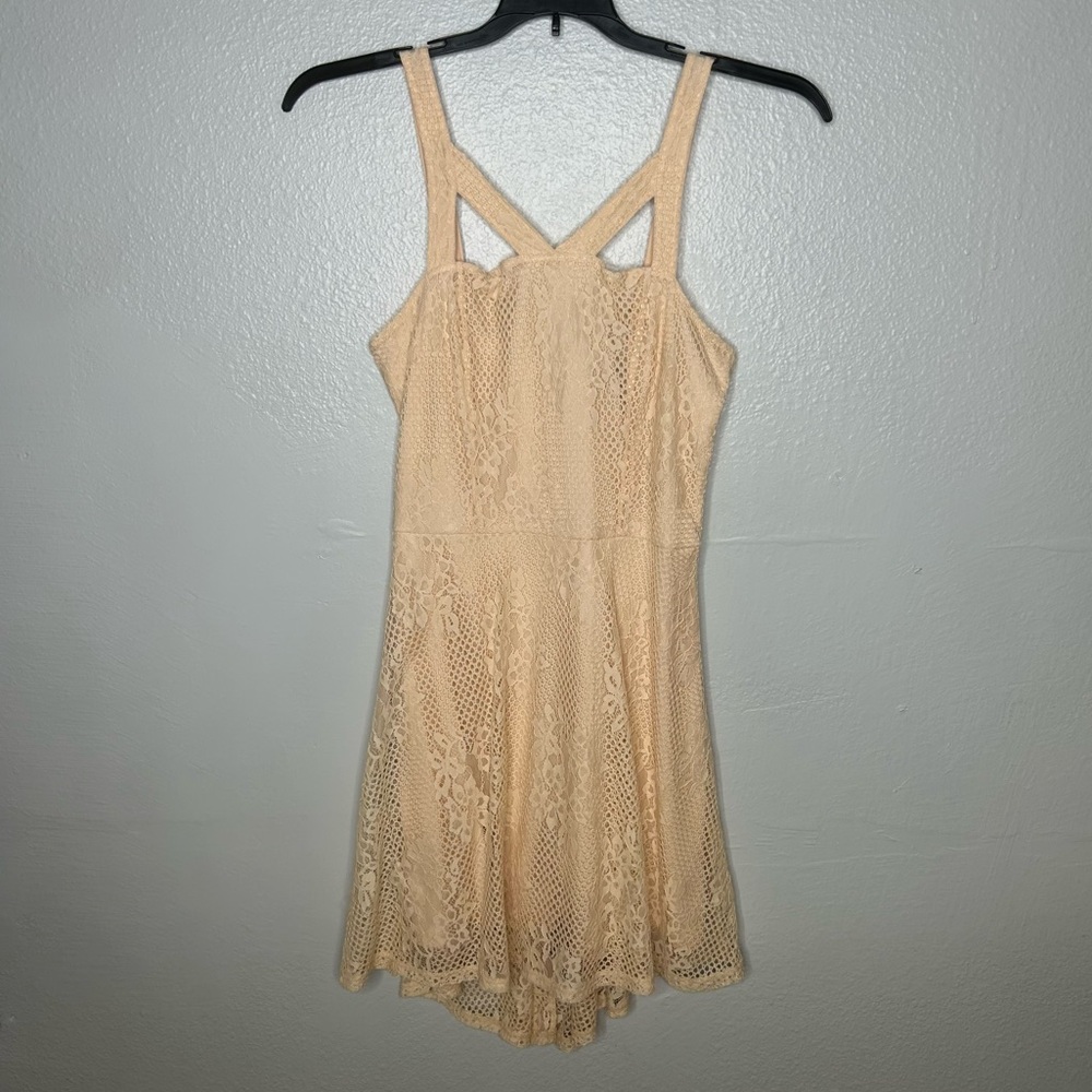 Peach Bellini Asymmetrical Lace Crochet Party Dress - Picture 2 of 8